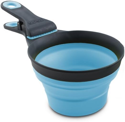 Dexas Popware for Pets Collapsible Klip Scoop, 3-in-1 Pet Food Scoop, Measuring Cup and Bag Clip, 1/2 Cup Capacity, Blue