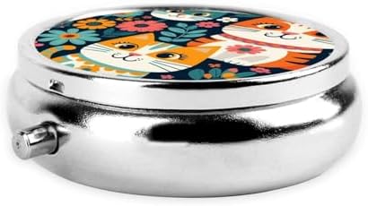 ZhongGuo Funny Cats Birds and Flowers Printed Pill Organizer,Round Travel Pill Organizer Mini Medicine Pill Box for Purse Iron Plating