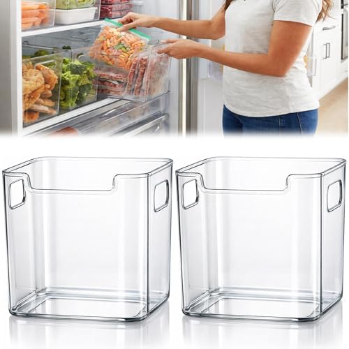 Crystal Clear Freezer Storage Bins, Clear Plastic Bins Stackable Pantry Drawer Plastic Organizers Containers with Handle for Refrigerator Fridge Cabinet Kitchen Countertops Cupboard (Clear S, 2Pcs)