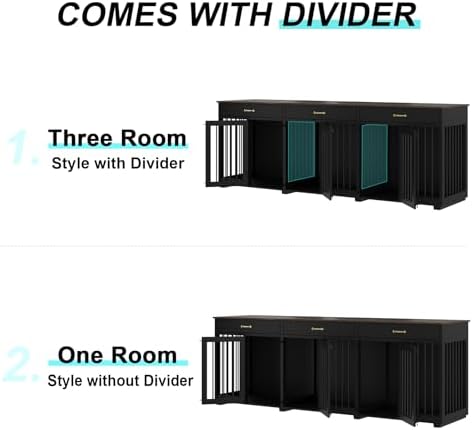 Dog Crate Furniture - Indoor Wooden Dog Kennel Crate Furniture with 2 Dividers, 3 Drawers, and 3 Lockable Doors - 95"x23.6"x31.5"H, Black