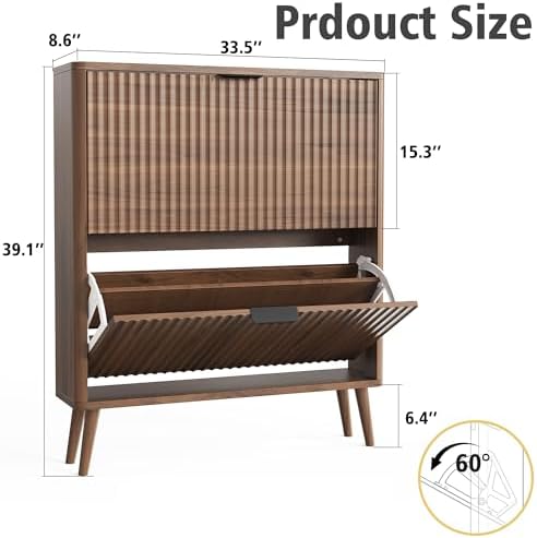 KIGOTY Narrow Shoe Storage Cabinet, Shoe Cabinet with 2 Flip Drawers, Freestanding Shoe Organizer with Legs for Entryway, Slim Shoe Rack Cabinet for Enterway (Walnut, 2 Flip Drawer)
