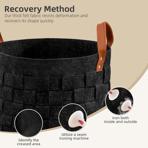 BOLDMONKEY Laundry Basket 15" x15 " x13 " 2 Pack, Round Blanket Basket with Leather Handle, Felt Storage Basket for Living Room, Nursery, Dog Toys-Dark Gray