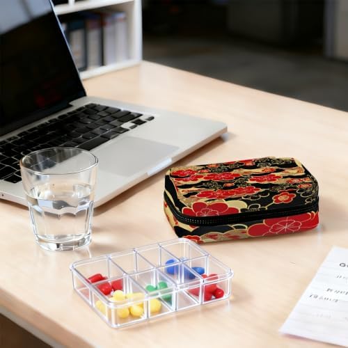 Travel Pill Organizer Red and Black Japanese Cherry Blossoms Pill Case