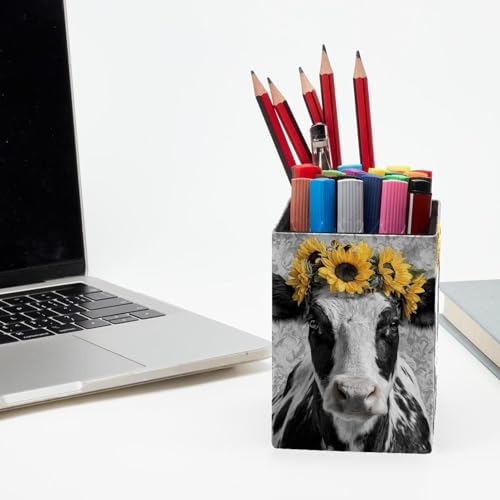 Sunflower and Cow Pen Holder for Desk Decor, Rectangular PVC Leather Pencil Cup for Desk Pen Organizer, Makeup Brush Holder for School, Home, Office