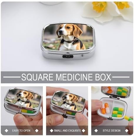 Metal Pill Box with Mirror - 2 Compartment Travel Pill Case for Purse Portable Pillbox Compact Vitamin Container Ovely Pet Dog Beagle Medicine Organizer for Fish Oil & Supplement
