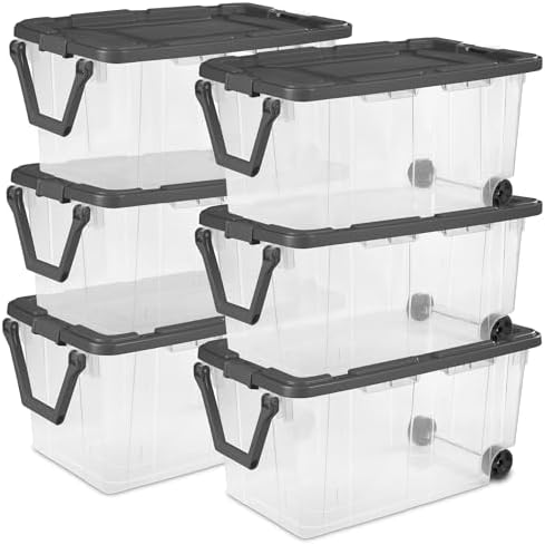 Sterilite 6-Pack Stackable Storage Bins w/ Latching Lids & Wheels, 160 Qt., Gray Lid