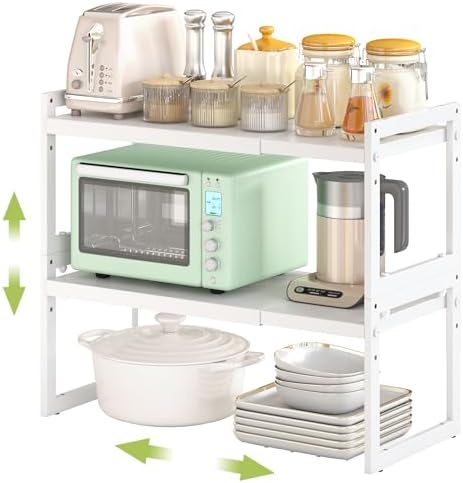 Expandable Cabinet Shelf Organizer, Stackable Kitchen Counter Shelf, White | Space Saving Metal Pantry Storage Racks for Kitchen Spice Rack Pans and Untensils Bathroom Office Organization, 2-Tier