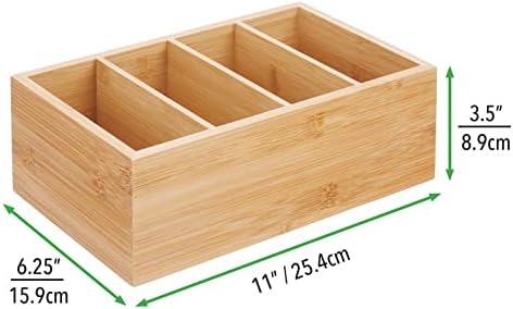 mDesign Bamboo Wood Compact Food Storage Organizer Bin Box - 4 Divided Sections - Holder for Seasoning Packets, Pouches, Soups, Spices, Snacks - Natural