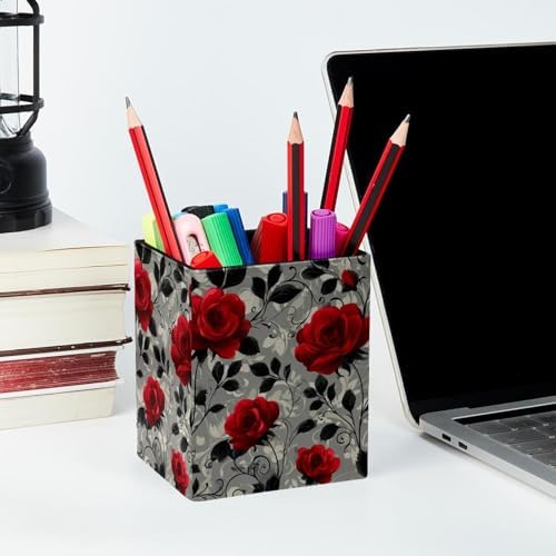 Beautiful Rose Pen Holder for Desk Decor, Rectangular PVC Leather Pencil Cup for Desk Pen Organizer, Makeup Brush Holder for School, Home, Office