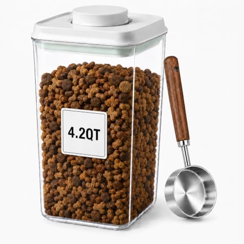 Pet Dog-Cat Airtight Food Storage-Container - 4.2Qt/4L jar with lid and 1/4Cup scoop | Holds 3–5 pounds of dry pet food | BPA-Free