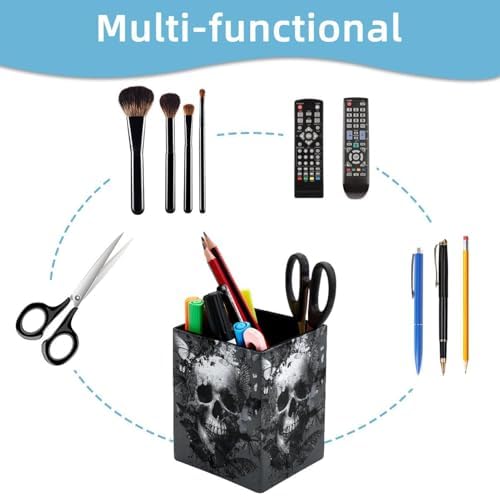 Black Skull Pen Holder for Desk Decor, Rectangular PVC Leather Pencil Cup for Desk Pen Organizer, Makeup Brush Holder for School, Home, Office