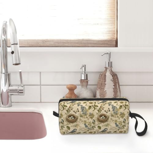Bird Nest Botanical Toile Makeup Bag for Women, Cosmetic Pouch | Double-Sided Bird Nest Cosmetic Organizer with Foam Padding for Women, Travel, Gym, School, and Daily Storage