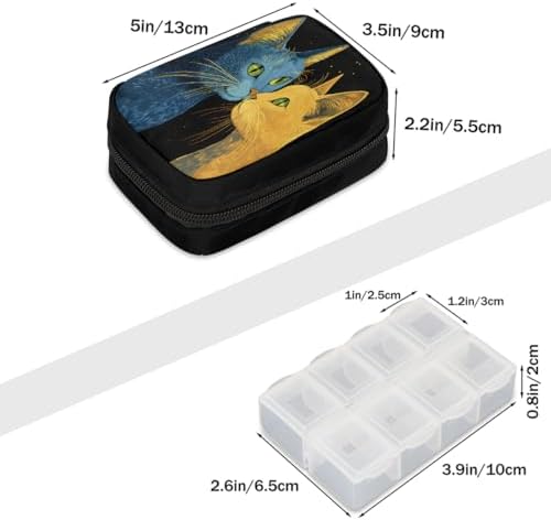 Pill Organizer Box Blue Gold cat 7-Day Weekly Medicine Pill Case Travel Pill Container Portable Pill Holder Storage Purse Bag Small Compact Size for Vitamin Supplement Birth Control