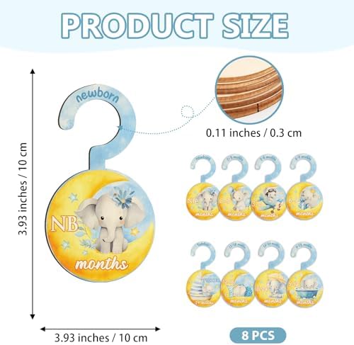 Baby Clothes Dividers for Closet - Set of 8 Wooden Baby Size Closet Dividers Newborn to 24 Months, Newborn Organizer for Boys & Girls - Adorable Moon Elephant Baby Nursery Decor Kit New Parents Gifts