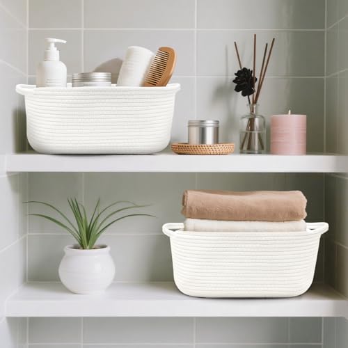 Woven Basket with Gift Bags and Ribbons, 14"X 10" X 6" Storage Basket White | Gift Storage Organizer Basket Bin Shelf Shelves Cotton Rope Basket for Nursery, Pet Toys