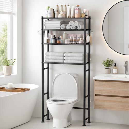 GloTika 4-Tier Over The Toilet Storage Shelves, Black | 200lb Total Capacity, Metal Bathroom Organizer with 36" Clearance, Includes Paper Holder & 4 Hooks, Suit for Small Space