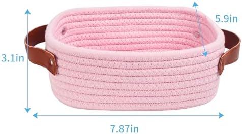 ABenkle Small Storage Basket, Mini Rope Woven Baskets, Cute Shelf Closet Storage Organizer, Boho Decorative Toy Bin for Nursery, Living Room, Spa, Empty Gift Basket - XS, Pink