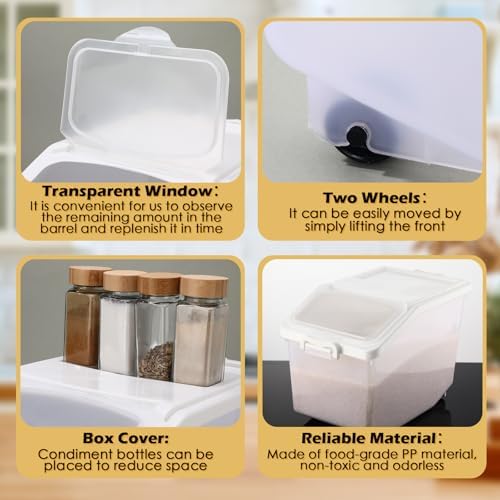 Sunnyray 4 Pcs Rice Storage Container 27.5 lb Airtight Flour Container with Wheels Measuring Cup White Pet Food Dog Cat Birds Food Bin Grain Cereal Organizer Box for Dry Baking Supplies