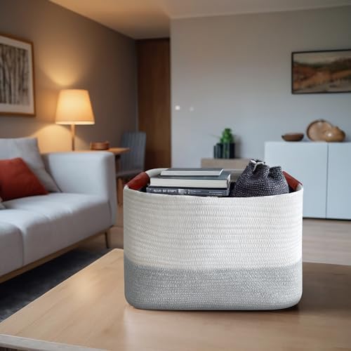 Small Cotton Rope Storage Basket with Leather Handles, 15 "L x 11.5" W x 7.5 "H, Home Decor Basket, Durable & Stylish Organizer for Home.(Small Light Gray)