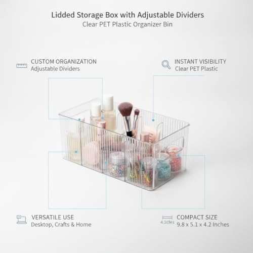 Lidded Storage Box with Adjustable Dividers, Clear PET Plastic Organizer Bin for Desktop, Crafts, and Home Organization, 9.8 x 5.1 x 4.2 Inches (1 PC)