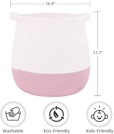 Large Cotton Rope Basket, Woven Storage Basket for Toy, Laundry and Blanket Organizer, Round Hamper Basket with Handles for Kid's Room 17.7"x16.9"