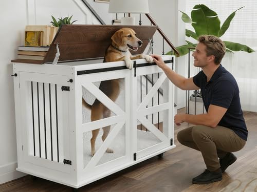 47.2'' Mobile Dog Crate with Flip-Top Feeder & Dual Doors, Multi-Purpose Pet Kennel with 5-Wheel Caster System,Locks & Side Hooks, Brown White, Brown White