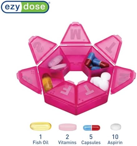 Ezy Dose Weekly (7-Day) Pill Organizer, 7-Sided Medicine Planner, Pink | Compact Daily Round Vitamin & Supplement Medicine Case, Convenient and Easy to Use, Travel-Friendly Container, BPA-Free