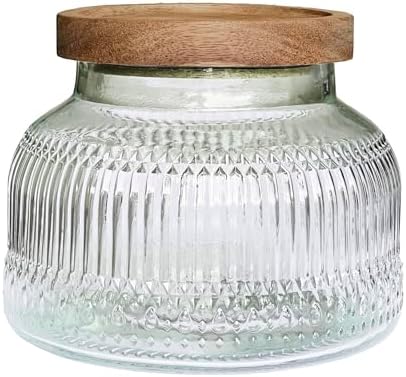 Decorative Ribbed Glass Jar with Airtight Wooden Lid, 25.4 fl. oz | Wide mouth vintage storage canister, kitchen pantry bathroom organization, coffee sugar tea cookie candy candle vase gift