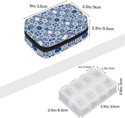 Pill Organizer Box Navy Blue Ethnic Boho 7-Day Weekly Medicine Pill Case Travel Pill Container Portable Pill Holder Storage Purse Bag Small Compact Size for Vitamin Supplement Birth Control