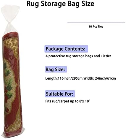 4 Pcs Plastic Rug Storage Bags with 10 Ties,Fits Rugs up to 8' x 10' Clear Carpet Shipping Bag, 4.5 Mil Heavy Duty Plastic Bag for Moving, Packing, Shipping and Storage,Protect Your Rug- No Vent Holes
