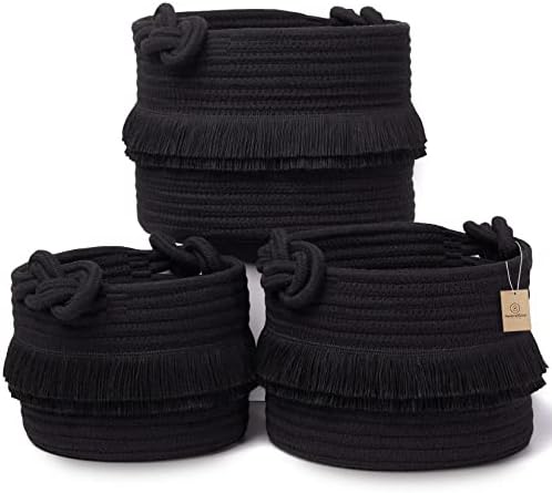 NaturalCozy 3-Piece Decorative Storage Basket Set – Black Cotton Rope Small Woven Baskets for Organizing for Nursery Baby Stuff, Gift, Vanity, Montessori, Dog Cat Toy Bin, Planter, Bathroom Shelves