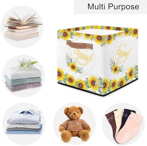 Storage Baskets for Organizing Personalized Foldable Storage Bins with Handles Custom Name Cute Basket for Boys, Girls, Pet, Clothes, Blanket, Bedroom Nursery Toy Baskets Storage Gift Sunflower