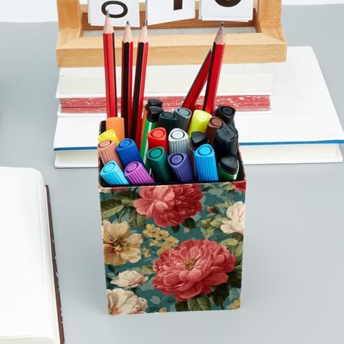 Beautiful Flowers Pen Holder for Desk Decor, Rectangular PVC Leather Pencil Cup for Desk Pen Organizer, Makeup Brush Holder for School, Home, Office