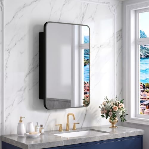 ACEMIRO 16x24 Inch Black Mirror Medicine Cabinet Metal Framed Recessed Wall Mounted Bathroom Medicine Cabinet with Mirror and Storage