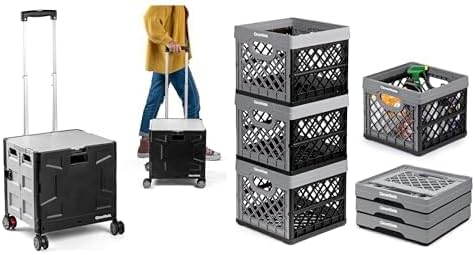 CleverMade Wheeled Trolley Crate - 35L (4 Wheels) - Black/Cream [Cool Gray 1C] and Collapsible Milk Crate (Recycled) - 25L - Stone (3PK) Bundle