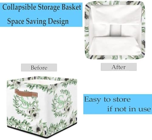 Personalized Storage Baskets for Organizing, Foldable Storage Bins with Handles Custom Cute Basket for Boys, Girls, Pet, Clothes, Blanket, Bedroom Nursery Toy Storage Gift, Eucalyptus Leaves