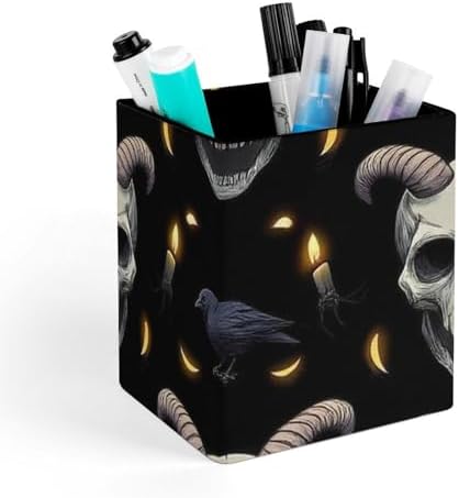 Women's Makeup Brush Cup Desktop Stationery Organizer Goth Raven Skull Goat Leather Pen Holder