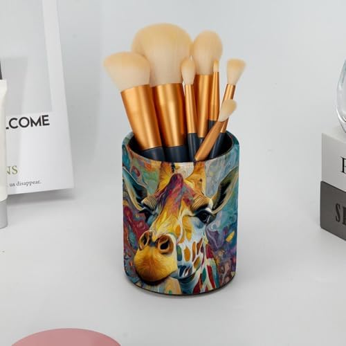 Faux Leather Pen Holder for Desk, Pencil Organizer Giraffe Pen Cup Desk Decor Makeup Brush Holder Storage for Office Home