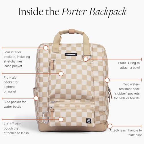 Cleverpup Porter 2-in-1 Dog Gear Travel Backpack - 10 Pockets, Checkerboard