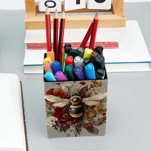 Cute Bee Pen Holder for Desk Decor, Rectangular PVC Leather Pencil Cup for Desk Pen Organizer, Makeup Brush Holder for School, Home, Office