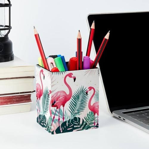 Flamingo and Palm Leaves Pen Holder for Desk Decor, Rectangular PVC Leather Pencil Cup for Desk Pen Organizer, Makeup Brush Holder for School, Home, Office