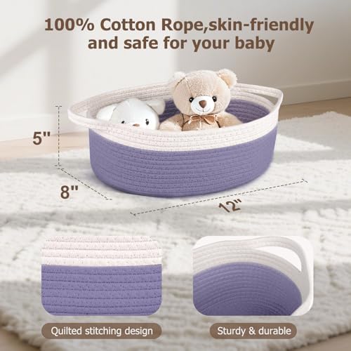 Small Woven Basket, 12" x 8" x 5" Gift Basket Empty with Ribbon and Gift Bag, Rope Basket for Baby Shower, Holiday Presents,Storage Basket with Handle for Nursery,Pet Toy Basket (White-Purple)
