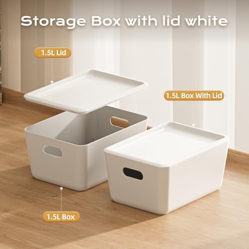 12 Pack White Storage Bins with Lids, PET Plastic Pantry Organizers and Storage, Small Storage Bins for Kitchen, Fridge, Bathroom, Office