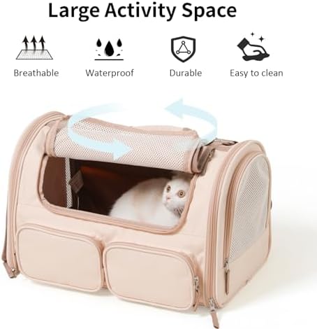 FUKUMARU Cat Carrier, Airline Approved Dog Carrier with Rollable Cover | Breathable Soft Cat Carrier, Multiple Doors & 4 Storage Pockets Cat Travel Bag, Durable Pet Carrier for Cat Under 15 lb, Pink