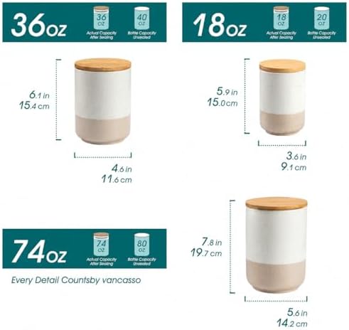 vancasso Sabine Kitchen Canister Set of 3, Ceramic Food Storage Containers with Airtight Wood Lids, Countertop & Pantry Organization for Flour, Sugar, Coffee, Tea & Snacks