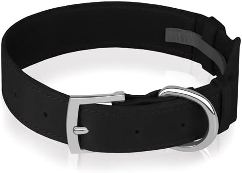 Leather Dog Collar with Airtag Holder - Apple Air Tag Dog Collars - Soft Tracking GPS Pet Collar for Small Medium Large Dogs Breed Puppy (Black, S, 9"-12" Neck Fit)