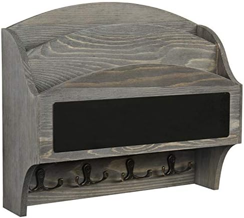 MyGift 2-Compartment Vintage Gray Wood Wall Mounted Entryway Mail Organizer Letter Sorter with Chalkboard Label Surface and 4 Double Key Hooks