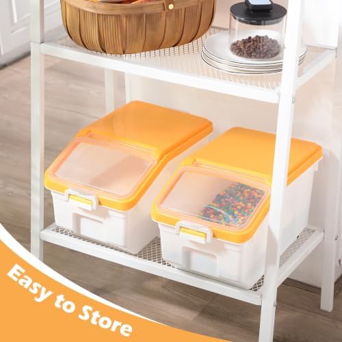 Sunnyray 4 Pcs Rice Storage Containers Bulk Flour Sugar Container Wheels Measuring Cups Set Airtight Pet Dog Cat Birds Food Bin Grain Cereal Organizer Box for Dry Baking(Yellow,22 lb)