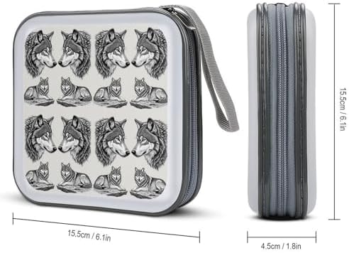Portable CD Holder Case with Strap Gray Wolf, 40-Capacity Hard Plastic Storage Binder, Protective Wallet for Car Office Travel