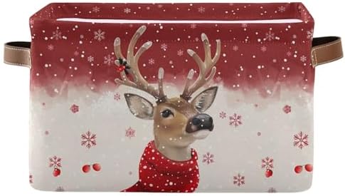 Wamika Christmas Reindeer Storage Basket with Waterproof Liner and PU Handles Winter Snowflake Red Storage Bins Boxes 14.2" Collapsible Decorative Organizer Baskets for Bedroom Closet Office 1 Pack